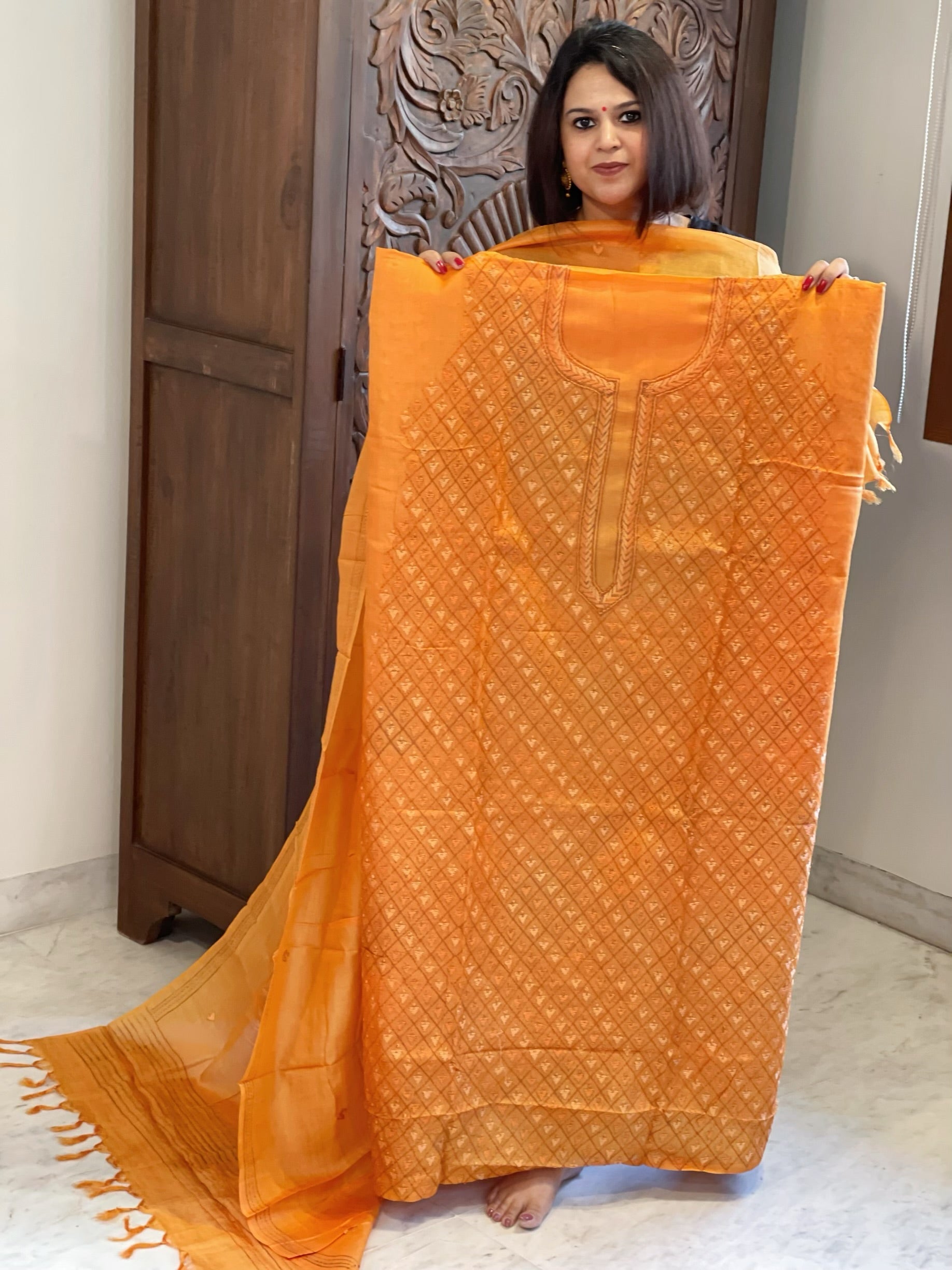 Orange Suit Set with Hand Embroidery in Pure Tussar Silk - Masakalee
