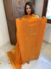 Orange Suit Set with Hand Embroidery in Pure Tussar Silk - Masakalee