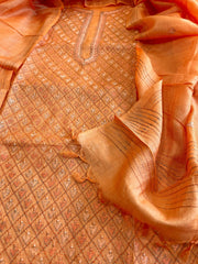 Orange Suit Set with Hand Embroidery in Pure Tussar Silk - Masakalee