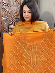 Orange Suit Set with Hand Embroidery in Pure Tussar Silk - Masakalee