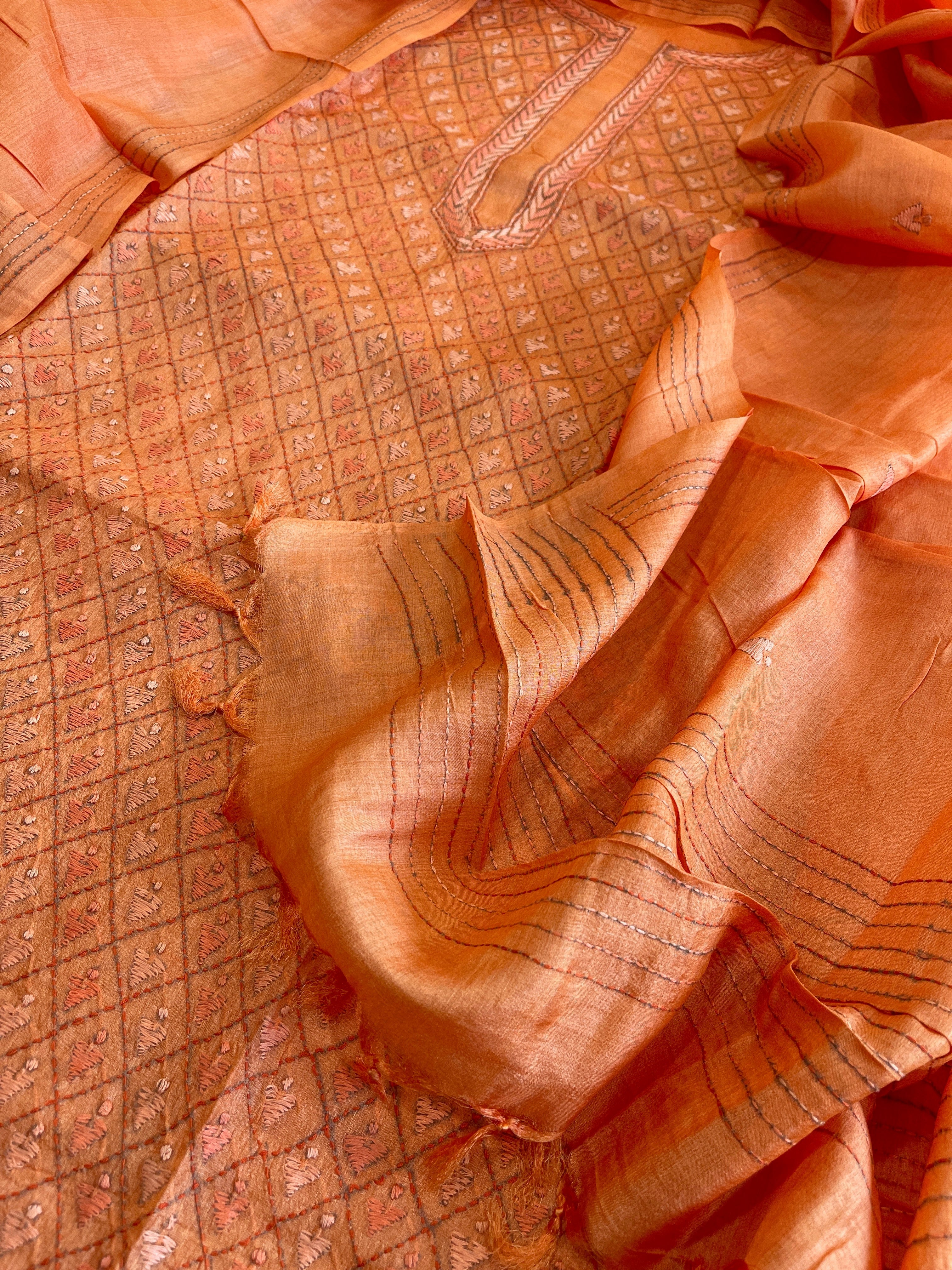 Orange Suit Set with Hand Embroidery in Pure Tussar Silk - Masakalee