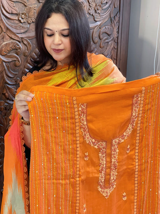 Orange Suit Set with Sequin and Knot handwork in Mul Chanderi - Masakalee