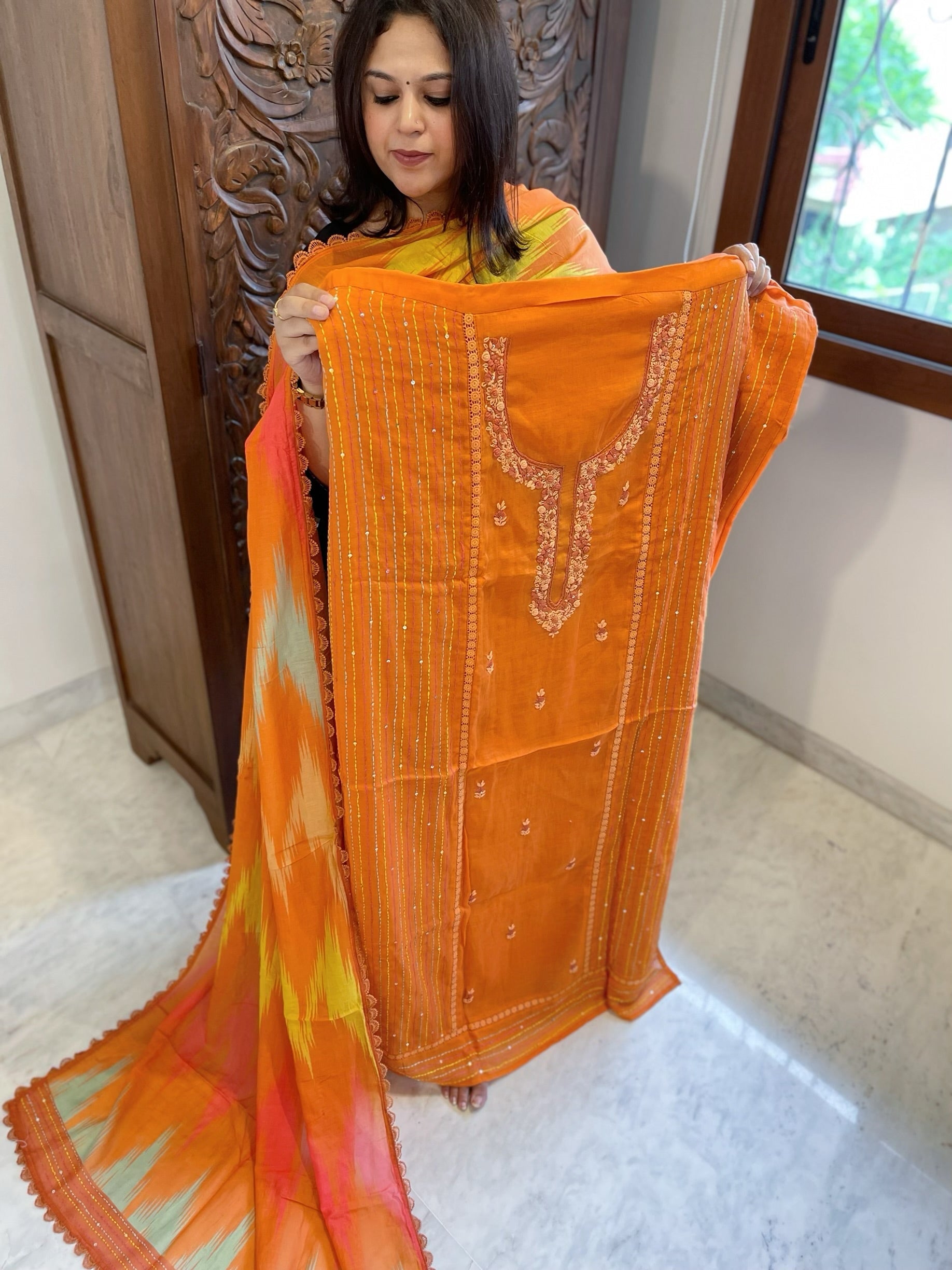 Orange Suit Set with Sequin and Knot handwork in Mul Chanderi - Masakalee
