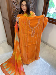Orange Suit Set with Sequin and Knot handwork in Mul Chanderi - Masakalee