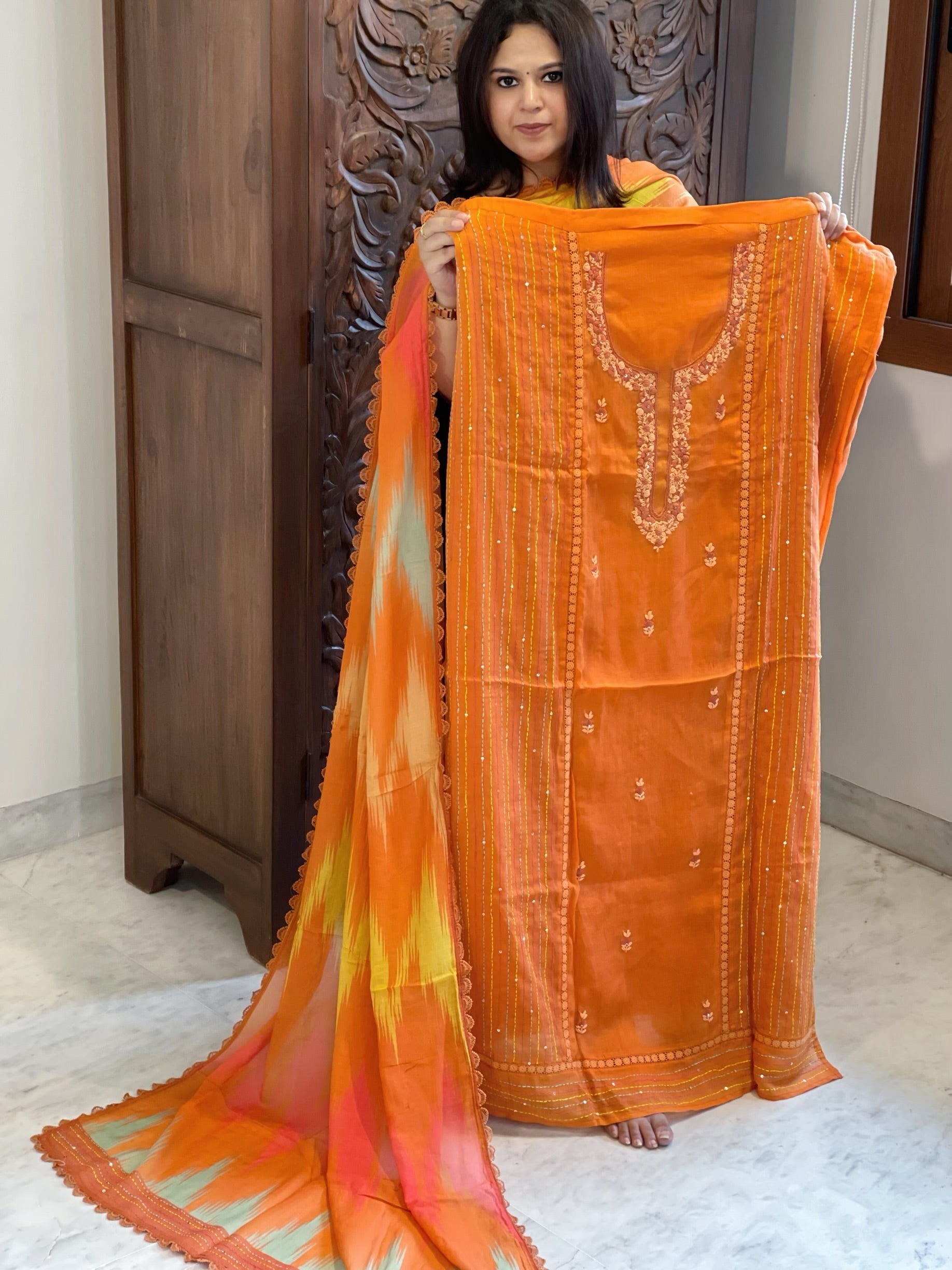 Orange Suit Set with Sequin and Knot handwork in Mul Chanderi - Masakalee