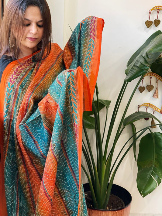 Orange, Teal Handmade Kantha Dupatta in Silk - Masakalee