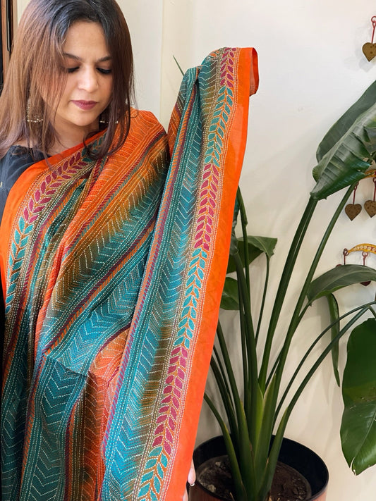 Orange, Teal Handmade Kantha Dupatta in Silk - Masakalee