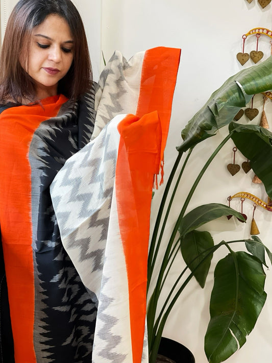 Orange, White Handwoven Ikat Dupatta in Cotton - Masakalee