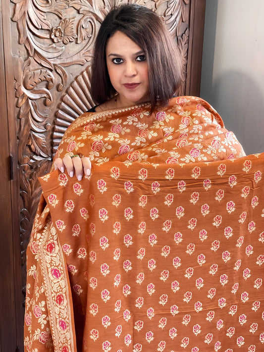 Orange Woven Suit Set with Zari and Meenakari in Weaving in Pure Moonga Silk - Masakalee