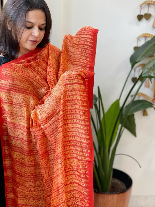 Orange, Yellow Handmade Shibori Dupatta in Eri (Ahimsa) Silk - Masakalee