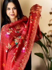 Orangish Red Kashmiri Aari Embroidered Dupatta in Geecha Silk - Masakalee