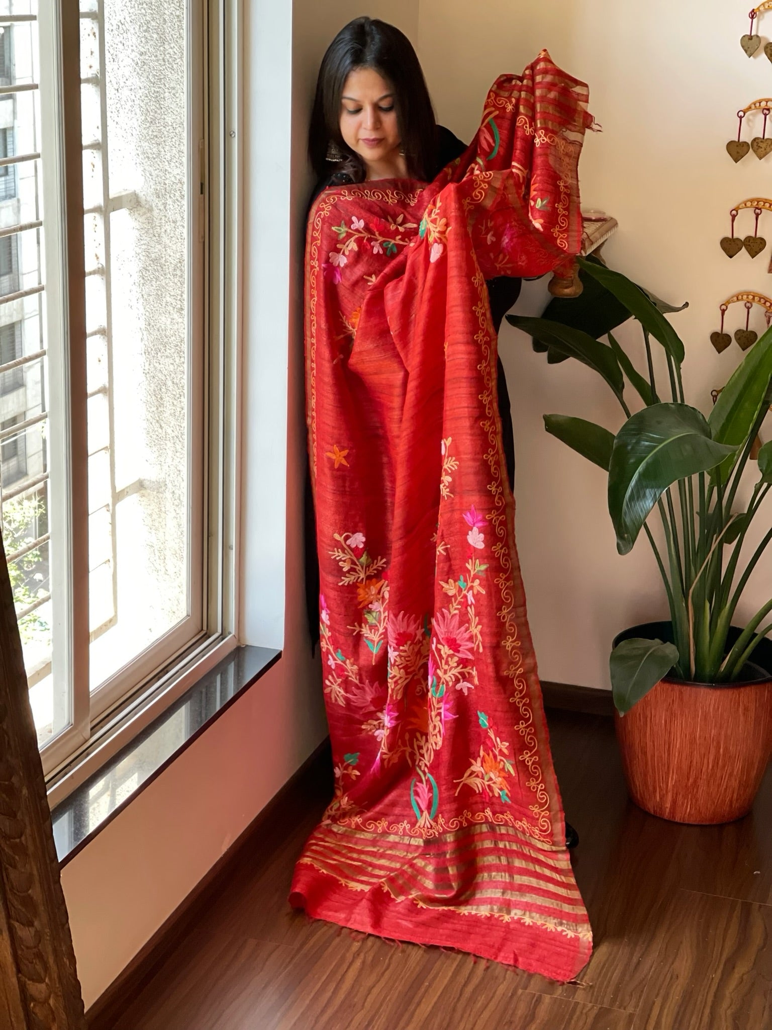 Orangish Red Kashmiri Aari Embroidered Dupatta in Geecha Silk - Masakalee