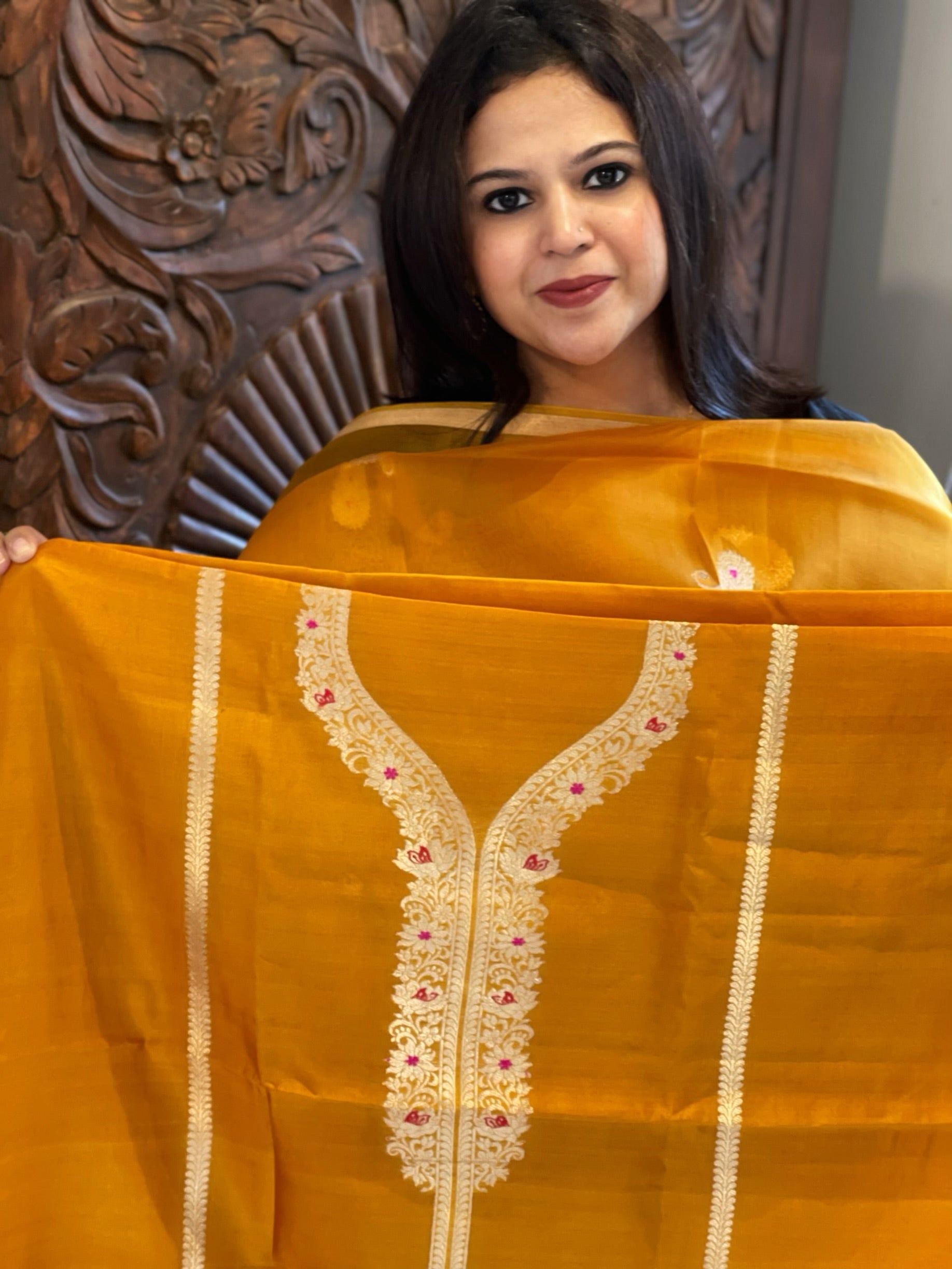 Orangish Yellow Designer Banarasi Suit Set in Pure Silk - Masakalee