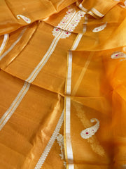 Orangish Yellow Designer Banarasi Suit Set in Pure Silk - Masakalee