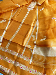 Orangish Yellow Designer Banarasi Suit Set in Pure Silk - Masakalee