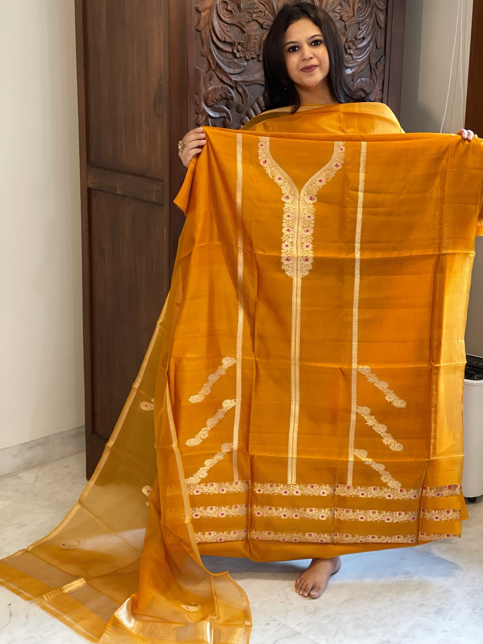 Orangish Yellow Designer Banarasi Suit Set in Pure Silk - Masakalee