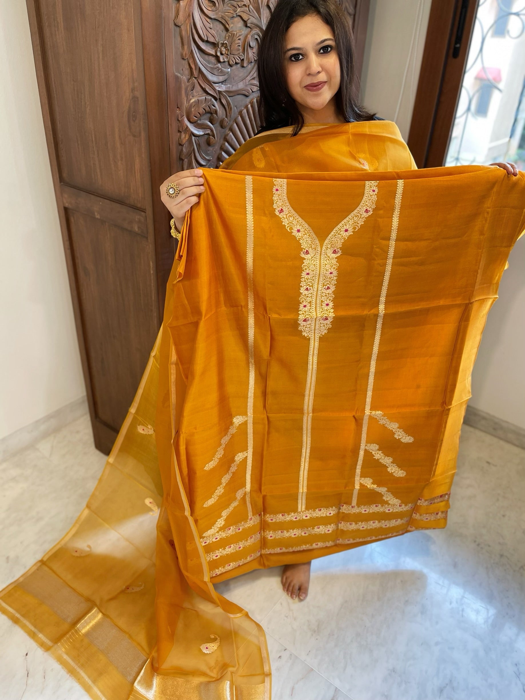 Orangish Yellow Designer Banarasi Suit Set in Pure Silk - Masakalee