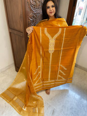 Orangish Yellow Designer Banarasi Suit Set in Pure Silk - Masakalee