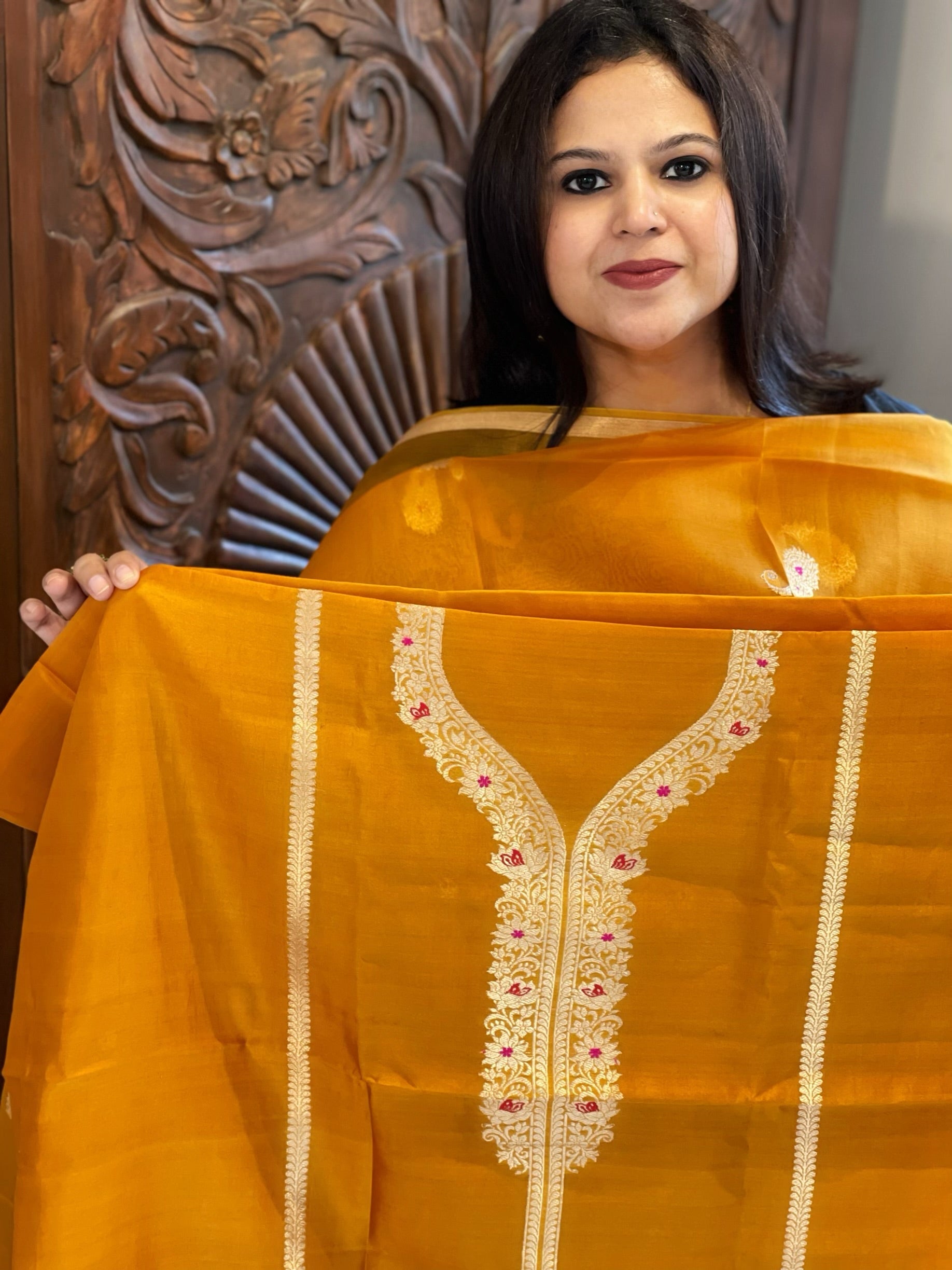 Orangish Yellow Designer Banarasi Suit Set in Pure Silk - Masakalee