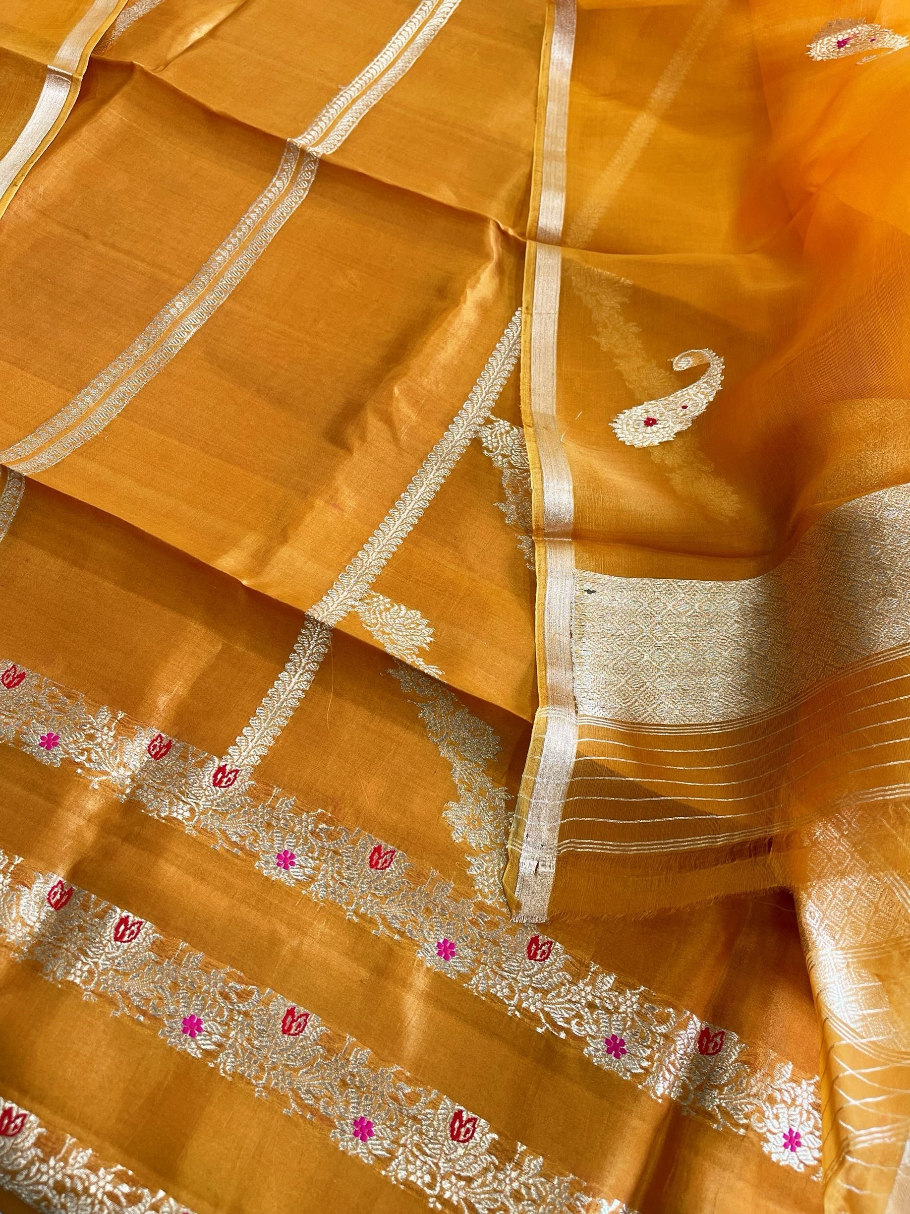 Orangish Yellow Designer Banarasi Suit Set in Pure Silk - Masakalee