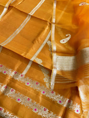 Orangish Yellow Designer Banarasi Suit Set in Pure Silk - Masakalee