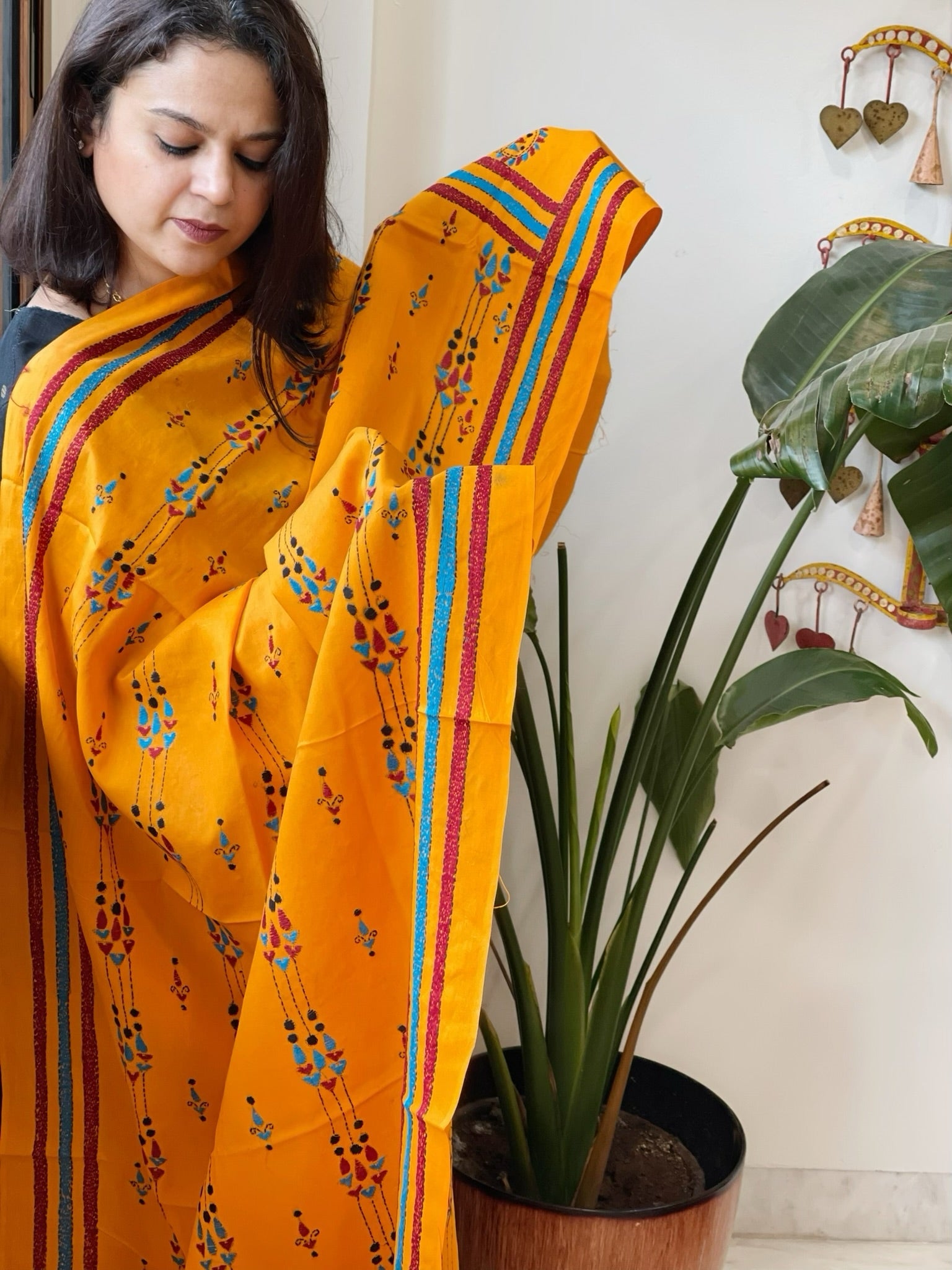 Orangish Yellow Handmade Kantha Dupatta in Pure Cotton - Masakalee