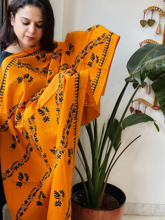 Orangish Yellow Handmade Kantha Dupatta in Pure Cotton - Masakalee