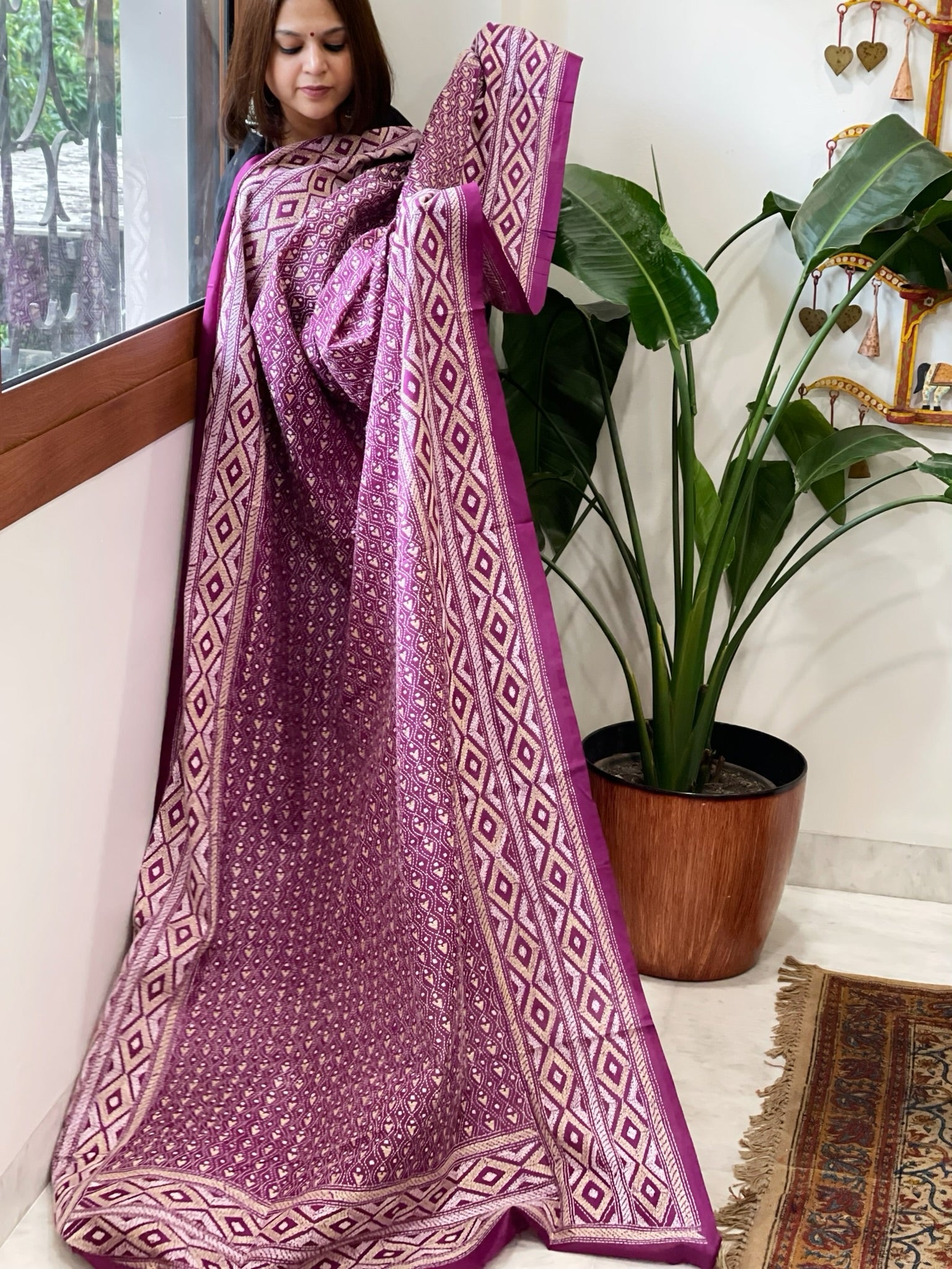 Orchid Purple Handmade Nakshi Kantha Dupatta in Pure Silk - Masakalee