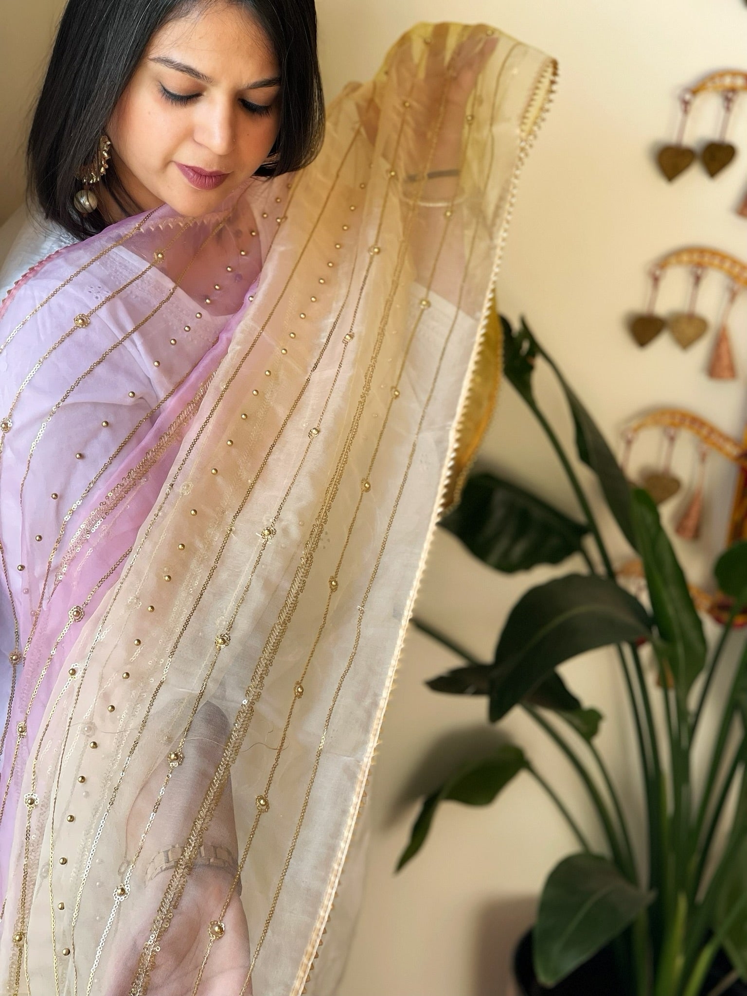 Organza Dupatta with Gold Pearl & Sequin Work - Masakalee