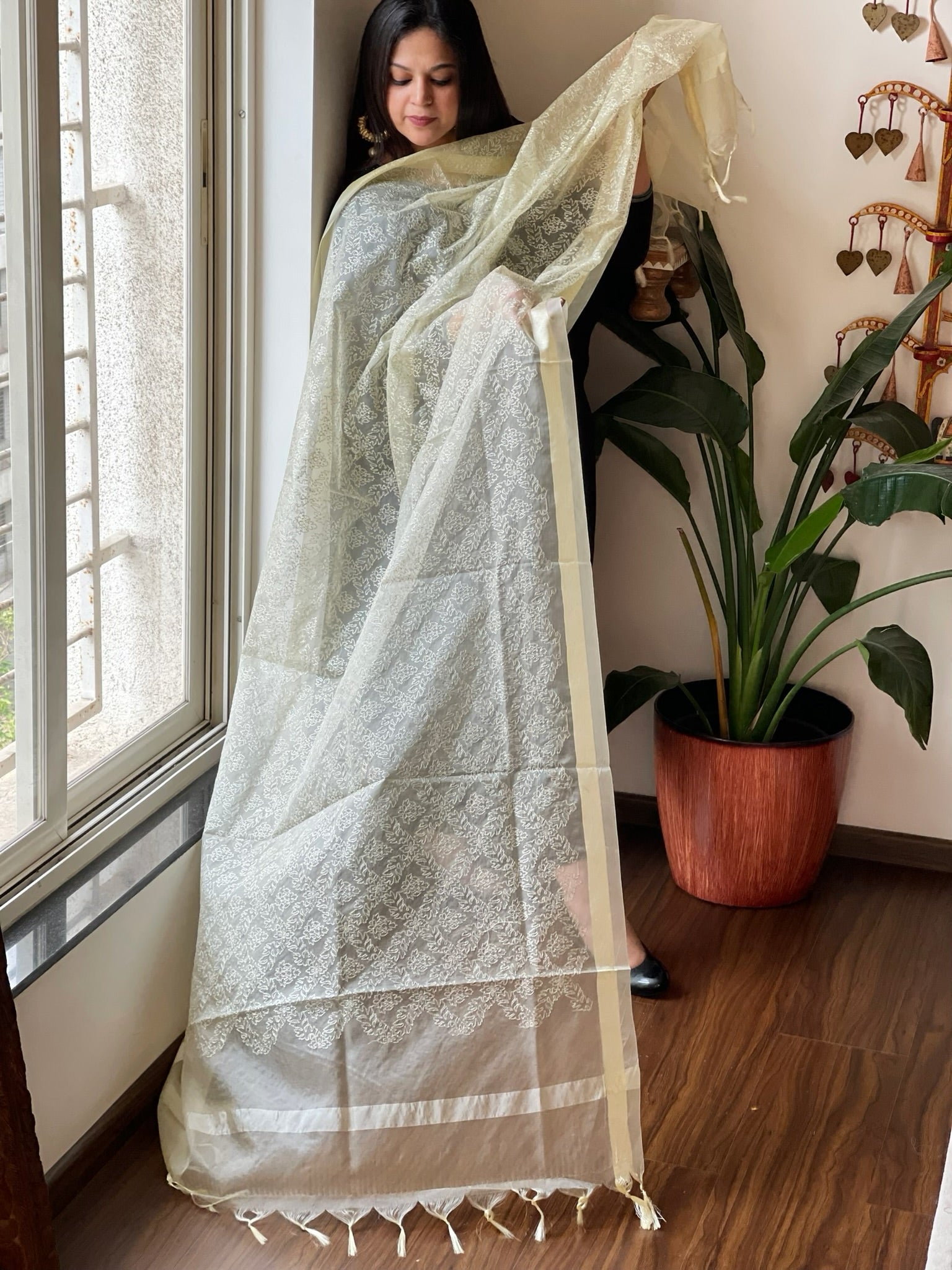 Organza Dupatta with Gold Thread Jaal Embroidery in Lite Yellow Color - Masakalee