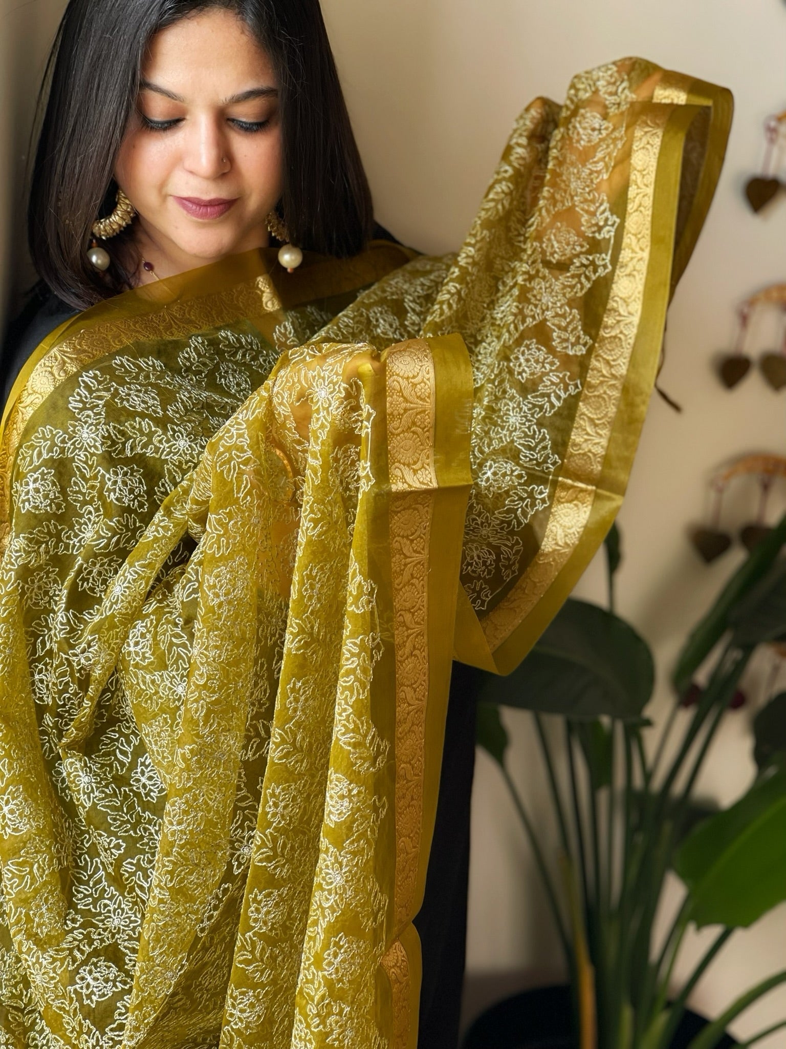 Organza Dupatta with Gold Thread Jaal Embroidery in Mehendi Green Color - Masakalee