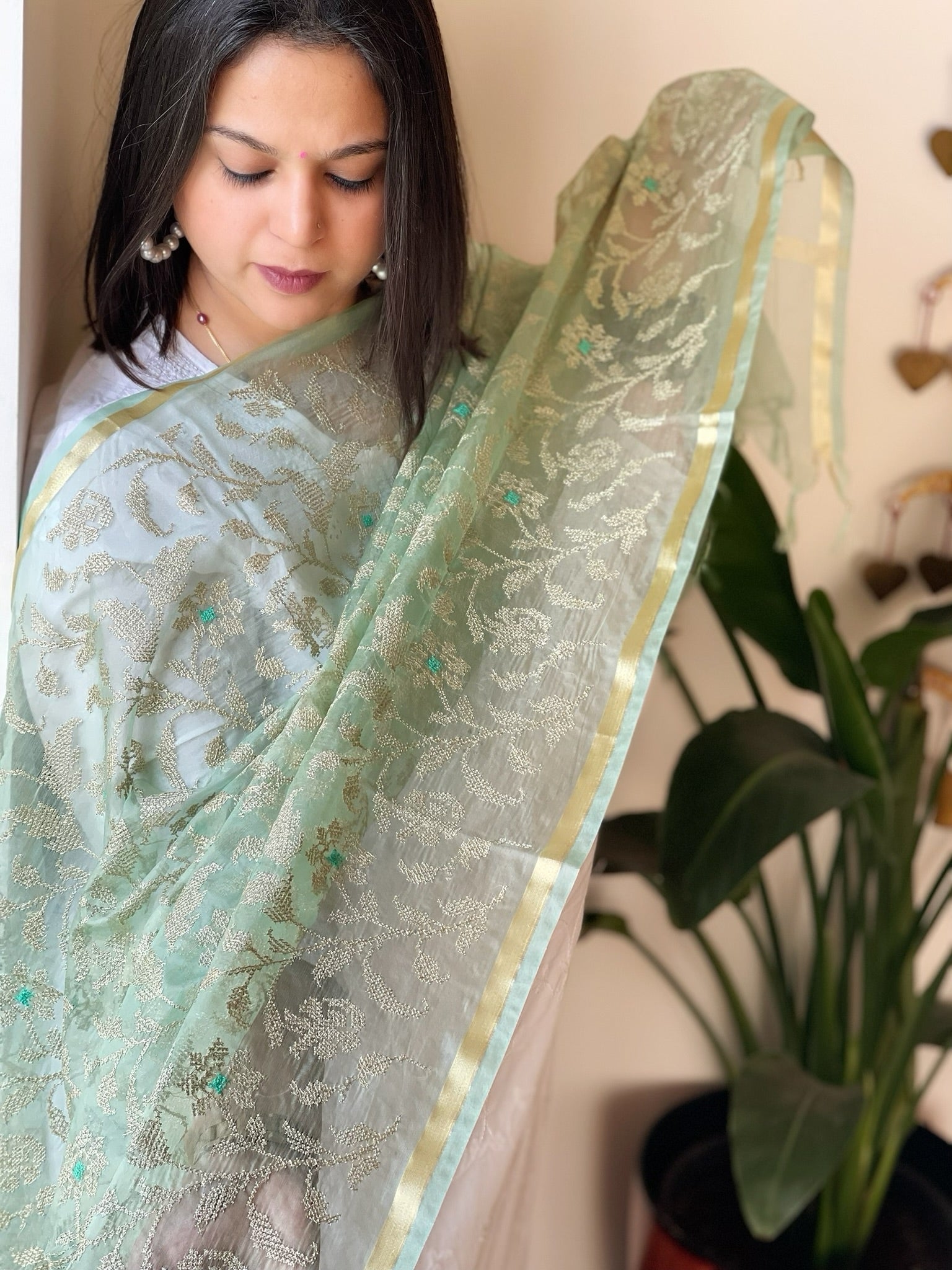 Organza Dupatta with Gold Thread Jaal Embroidery in Sea Green Color - Masakalee