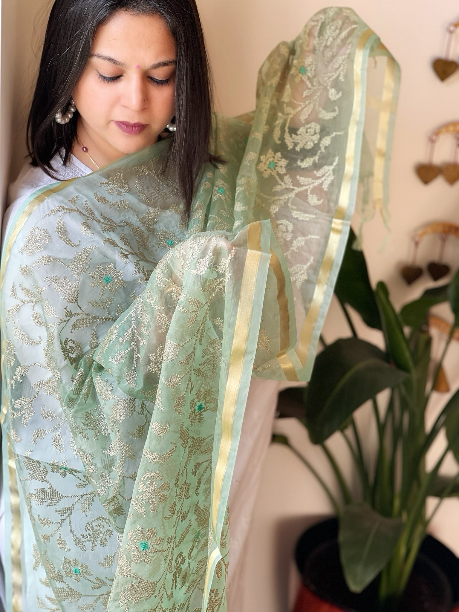 Organza Dupatta with Gold Thread Jaal Embroidery in Sea Green Color - Masakalee