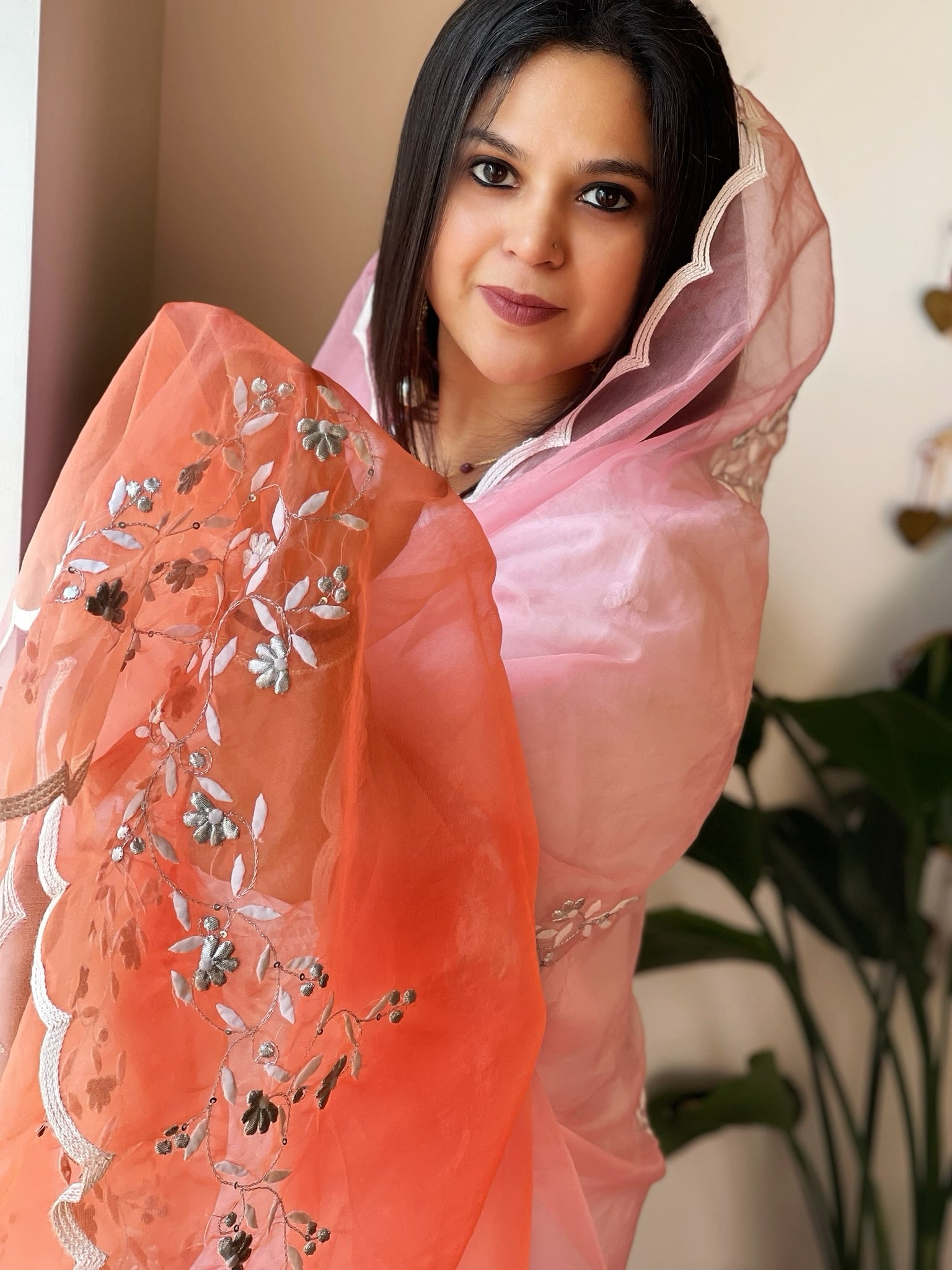 Organza dupatta with Tissue Applique and Sequin Handwork - Masakalee