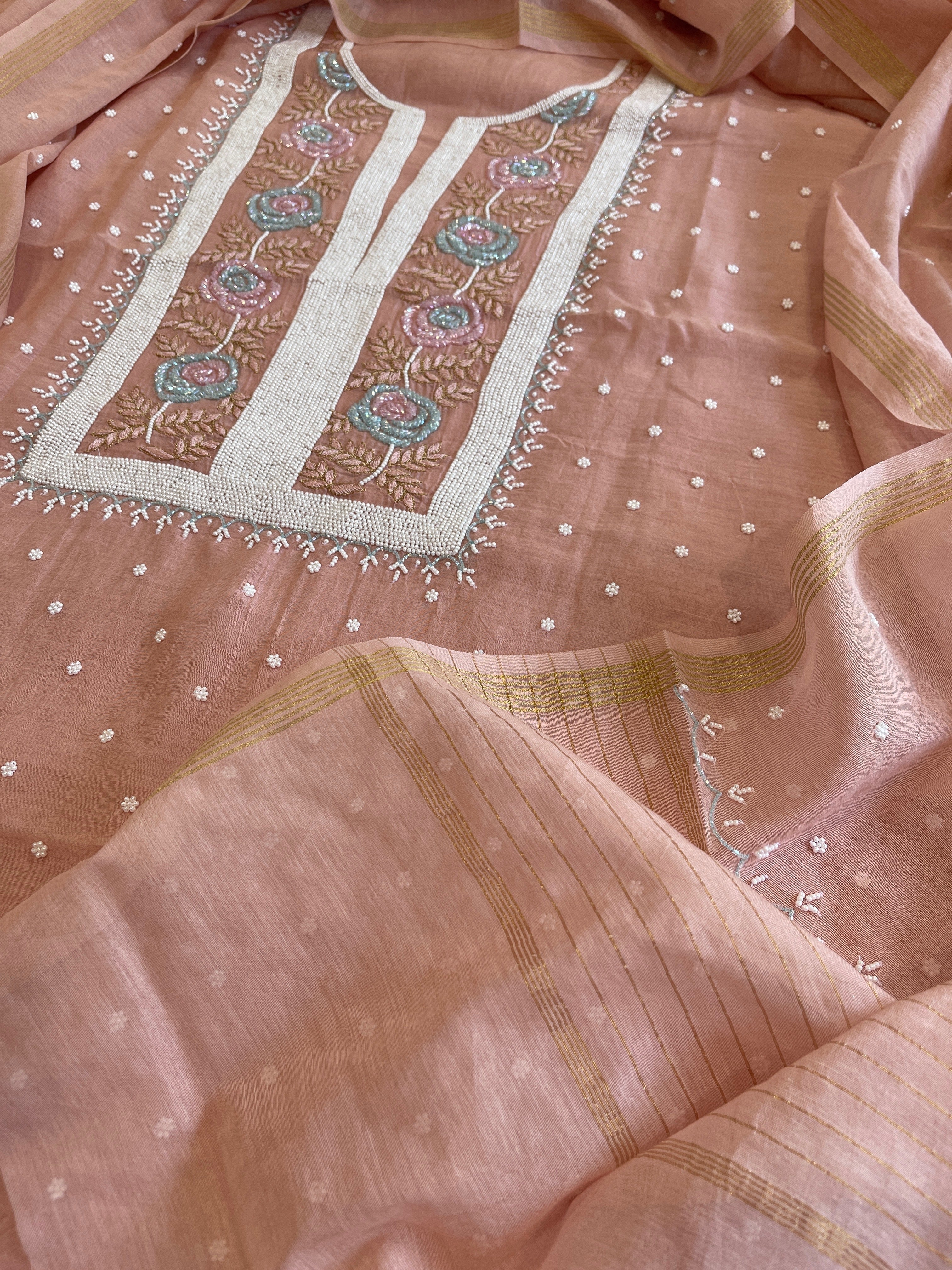 Paech Suit Set with Pearl, Cut Daana and Thread Handwork in Pure Mul Chanderi - Masakalee