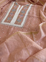 Paech Suit Set with Pearl, Cut Daana and Thread Handwork in Pure Mul Chanderi - Masakalee