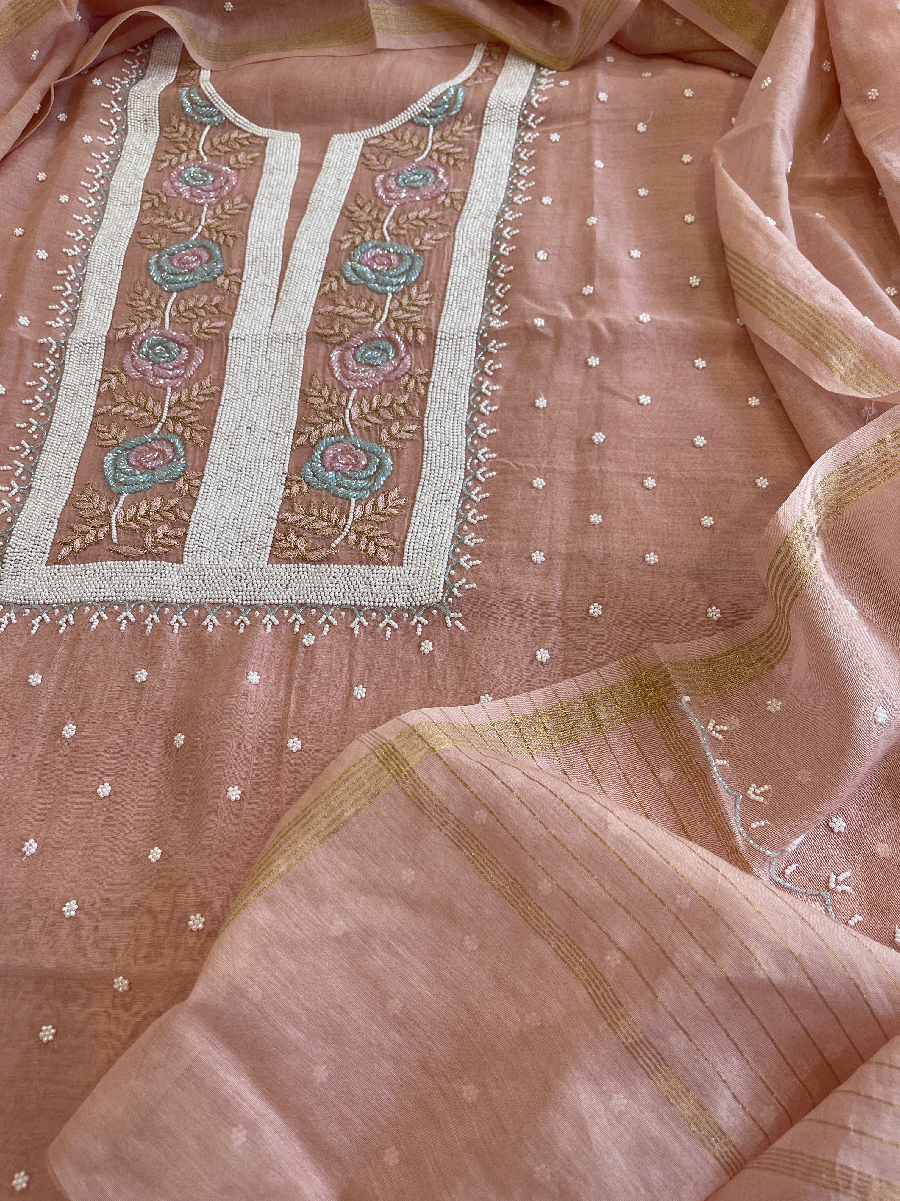 Paech Suit Set with Pearl, Cut Daana and Thread Handwork in Pure Mul Chanderi - Masakalee