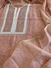 Paech Suit Set with Pearl, Cut Daana and Thread Handwork in Pure Mul Chanderi - Masakalee