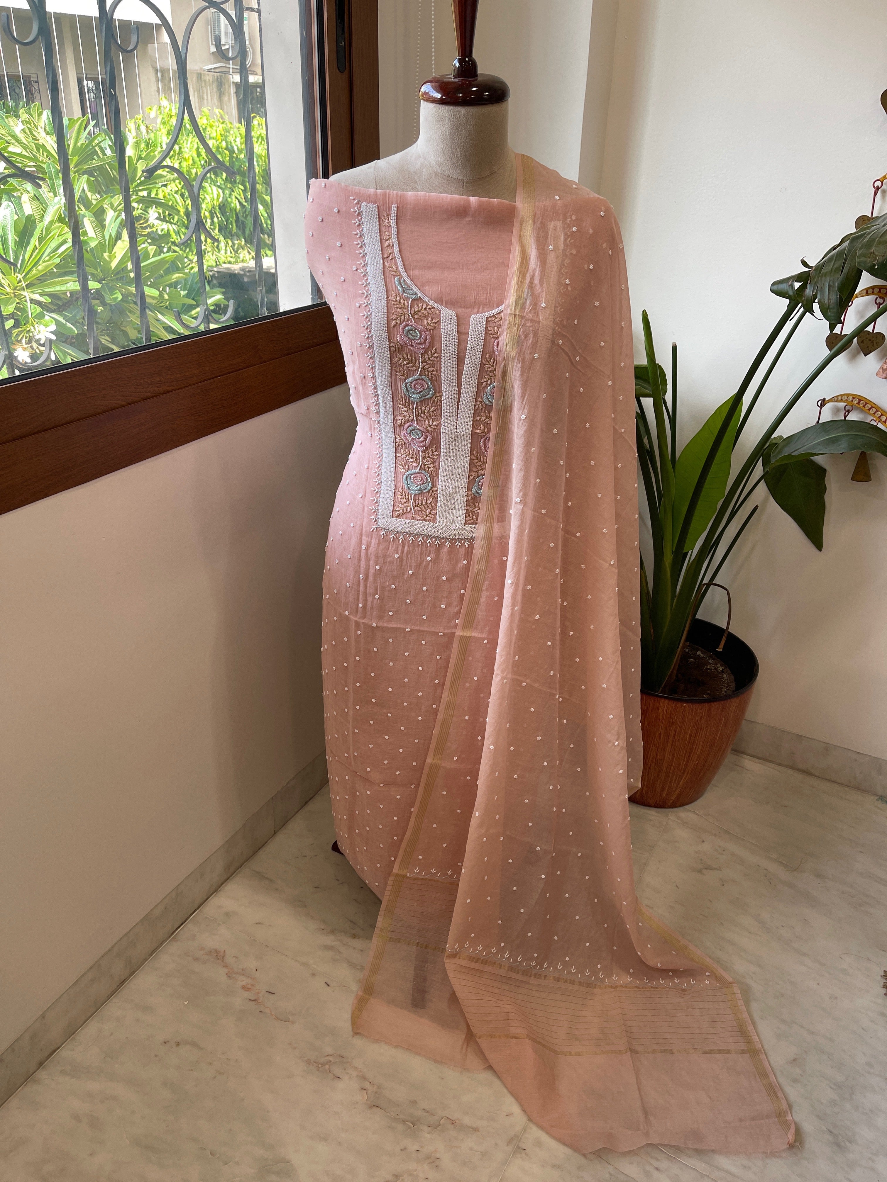 Paech Suit Set with Pearl, Cut Daana and Thread Handwork in Pure Mul Chanderi - Masakalee