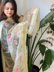 Pale Yellow Organza Dupatta with thread embroidery - Masakalee