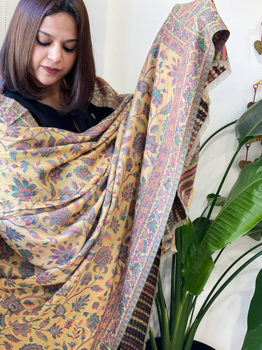 Pale Yellow Woven Kaani Jaal Pashmina Shawl - Masakalee