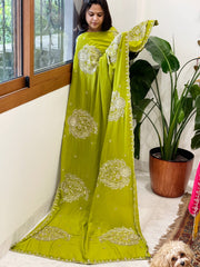 Parrot Green Crepe Dupatta with Pearl, Cut Daana, Gold Thread & Sequin Embroidery - Masakalee