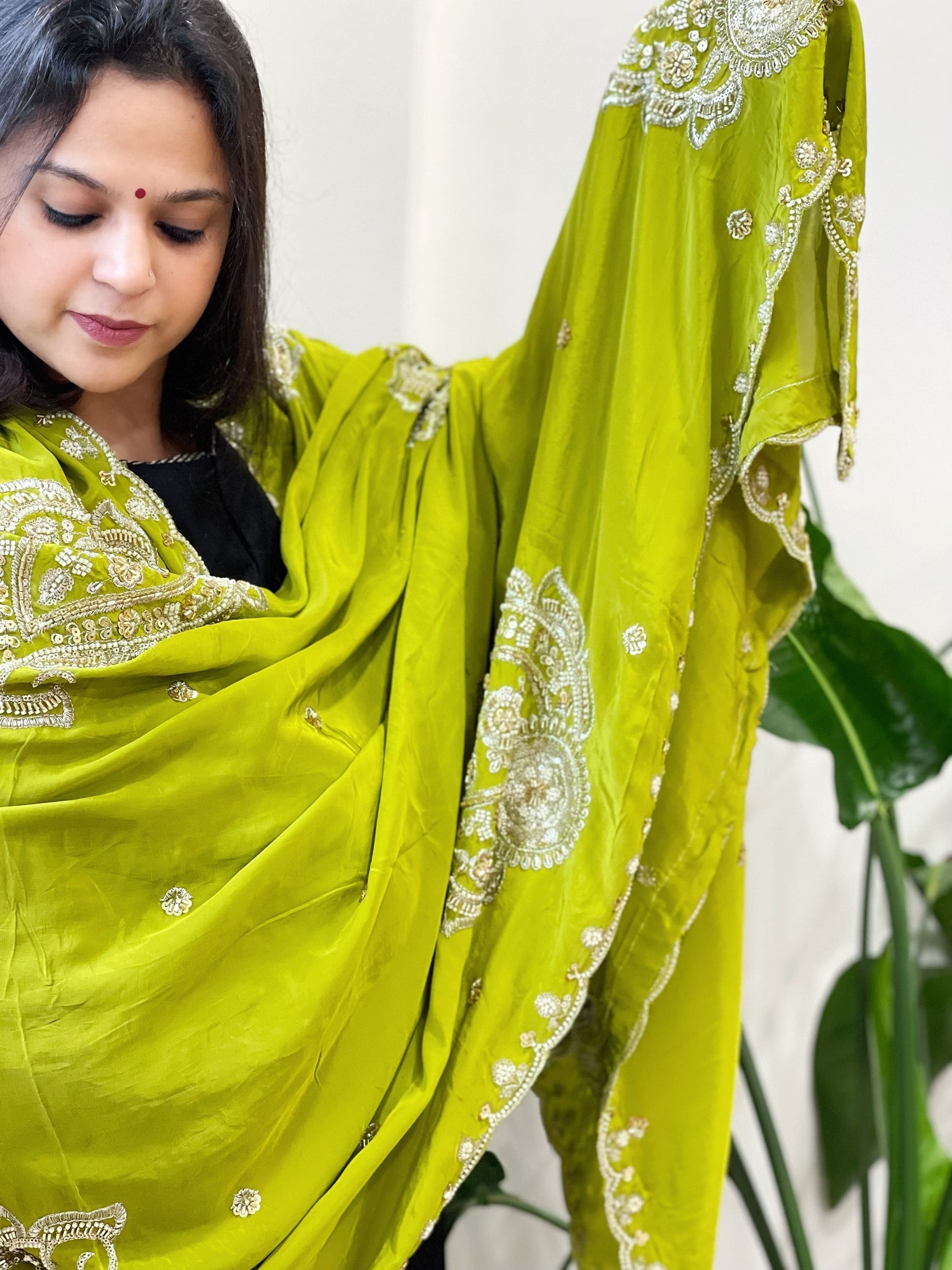 Parrot Green Crepe Dupatta with Pearl, Cut Daana, Gold Thread & Sequin Embroidery - Masakalee