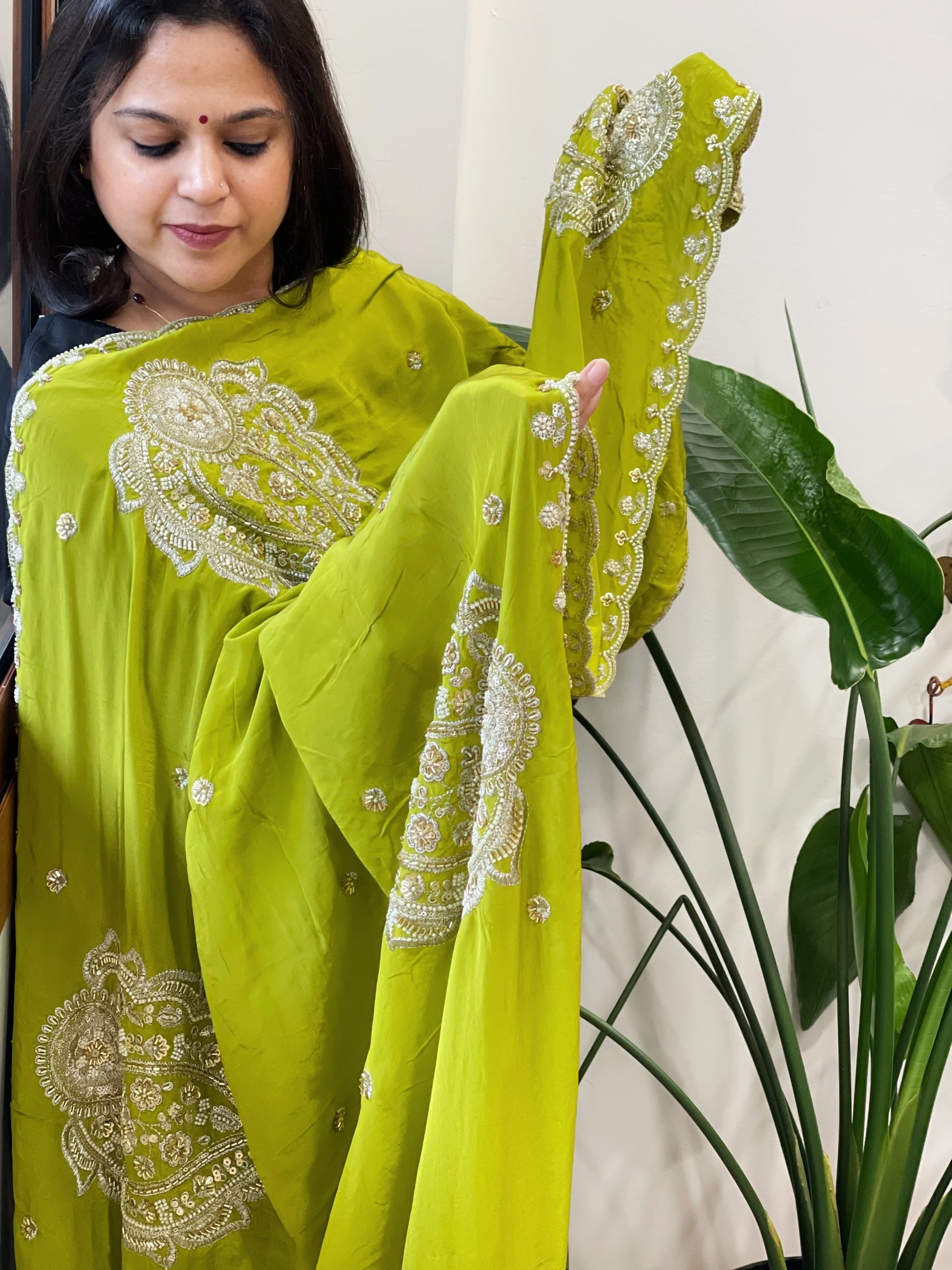Parrot Green Crepe Dupatta with Pearl, Cut Daana, Gold Thread & Sequin Embroidery - Masakalee
