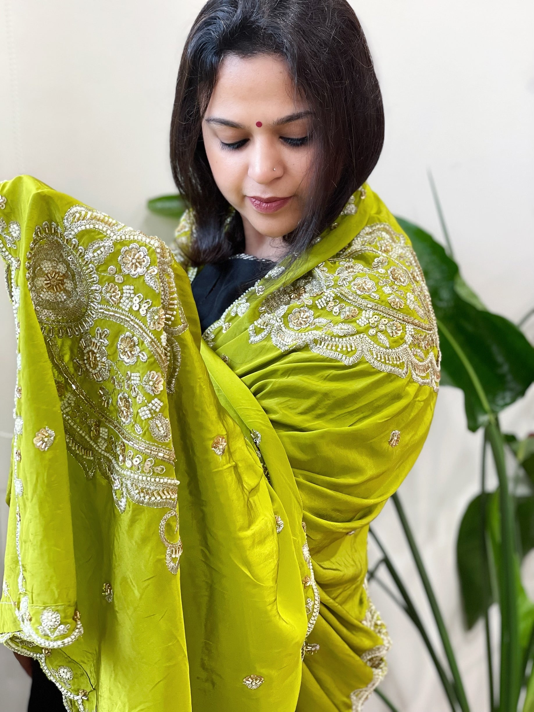 Parrot Green Crepe Dupatta with Pearl, Cut Daana, Gold Thread & Sequin Embroidery - Masakalee