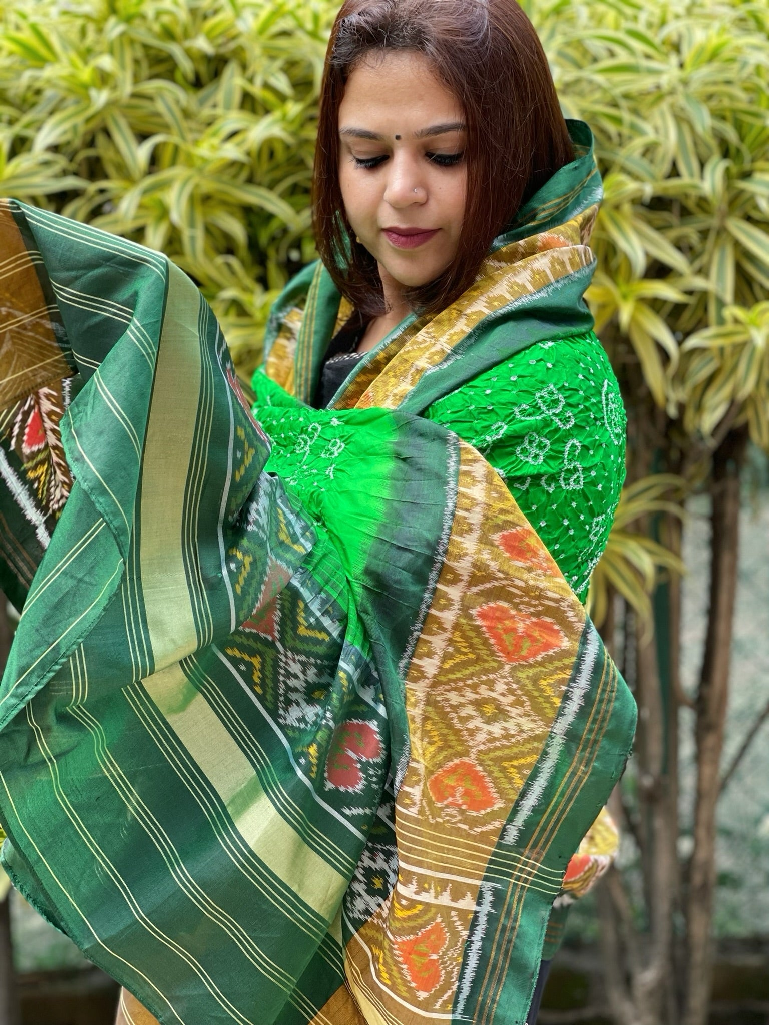 Parrot Green, Dark Green Handwoven Patola with Rai Bandhej Dupatta in Pure Silk - Masakalee