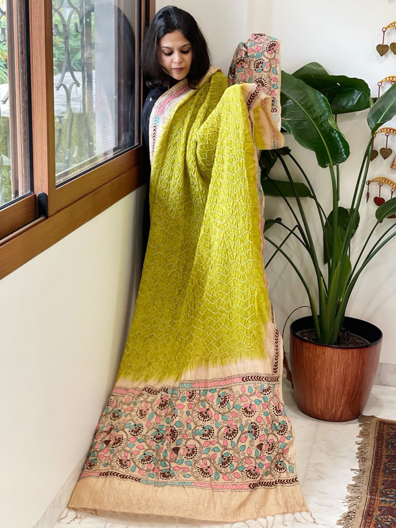 Parrot Green Rai Bandhej Dupatta with Kantha Handwork in Pure Munga Tussar Silk - Masakalee