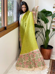 Parrot Green Rai Bandhej Dupatta with Kantha Handwork in Pure Munga Tussar Silk - Masakalee