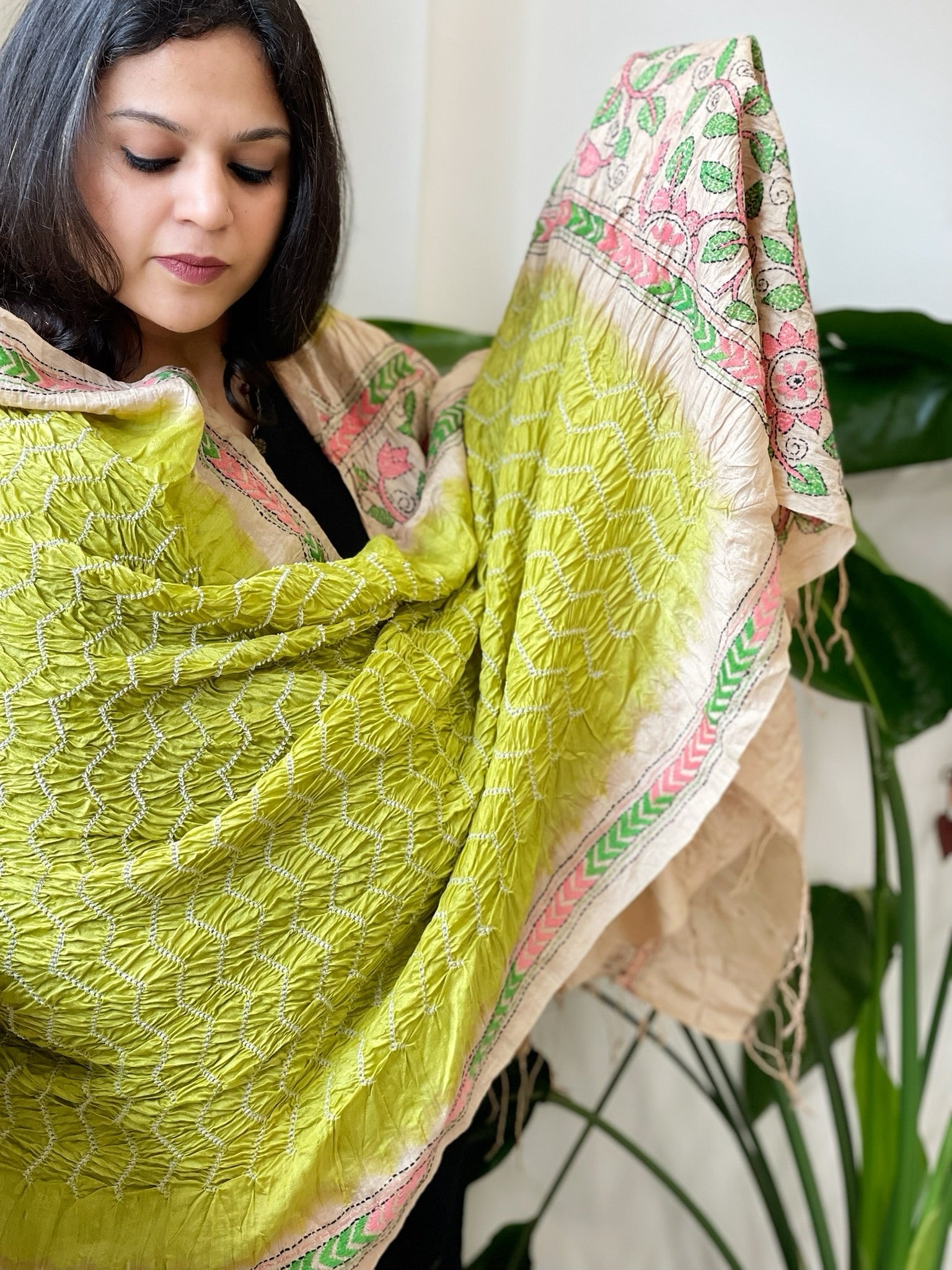 Parrot Green Rai Bandhej Dupatta with Kantha Handwork in Pure Munga Tussar Silk - Masakalee