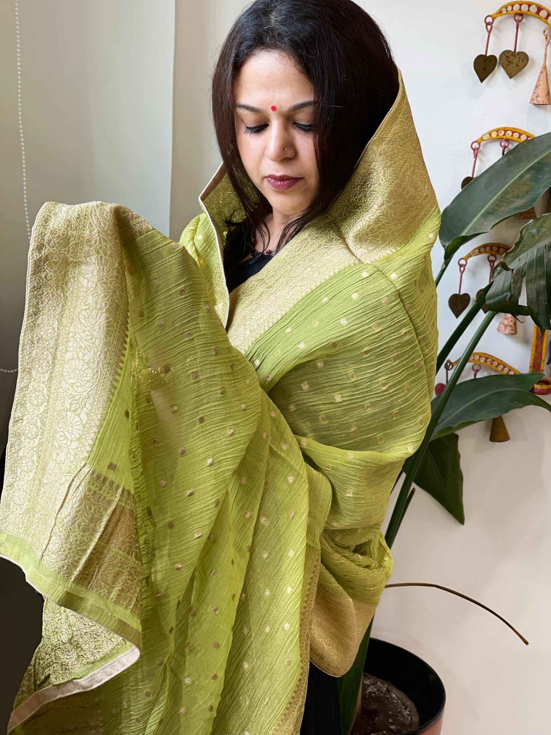Parrot Green Woven Banarasi Dupatta in Tissue - Masakalee